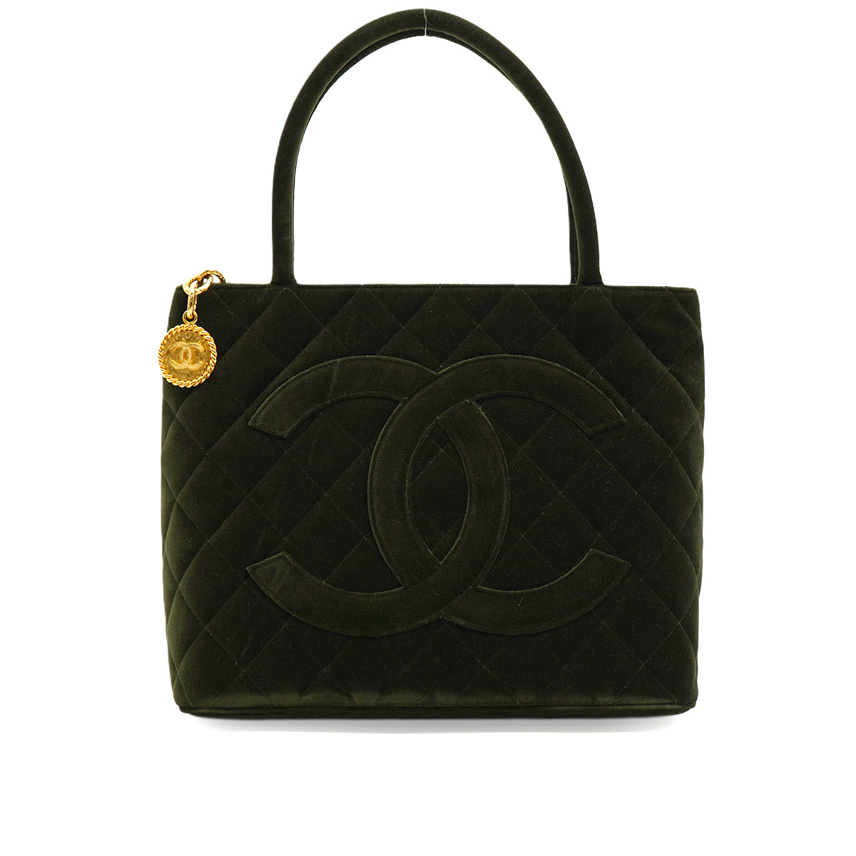 VINTAGE CHANEL MEDALLION TOTE BAG DARK GREEN VELOR GOLD HARDWARE 90346145