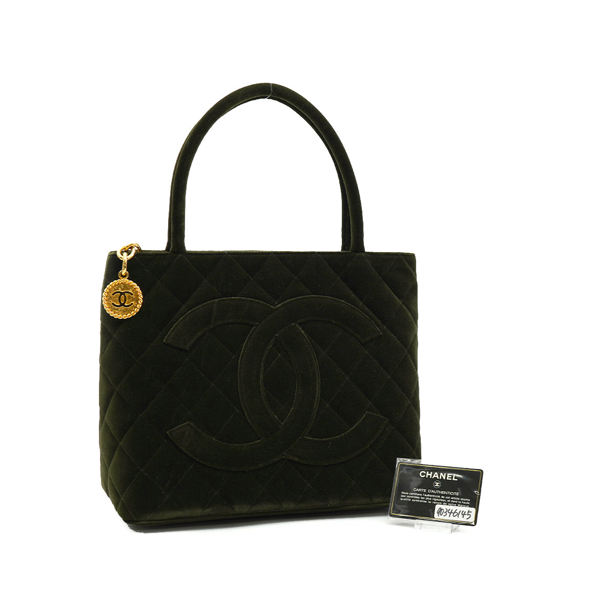 VINTAGE CHANEL MEDALLION TOTE BAG DARK GREEN VELOR GOLD HARDWARE 90346145