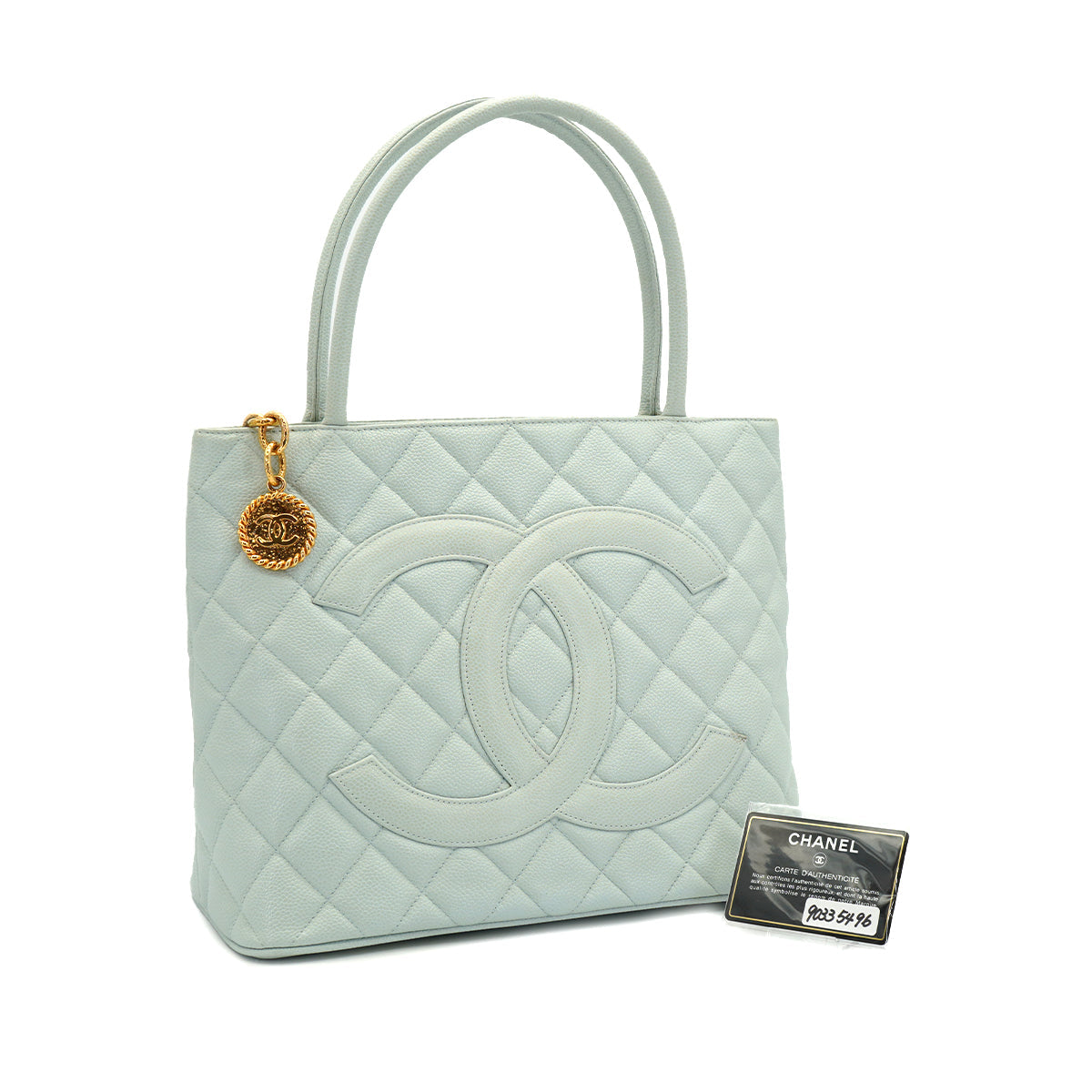 VINTAGE CHANEL MEDALLION TOTE BAG LIGHT BLUE CAVIAR SKIN 90335496