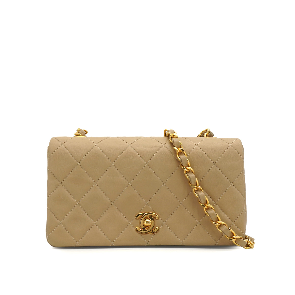 VINTAGE CHANEL MINI FULL FLAP CHAIN SHUOLDER BAG BEIGE LAMB SKIN GOLD HARDWARE 90339937