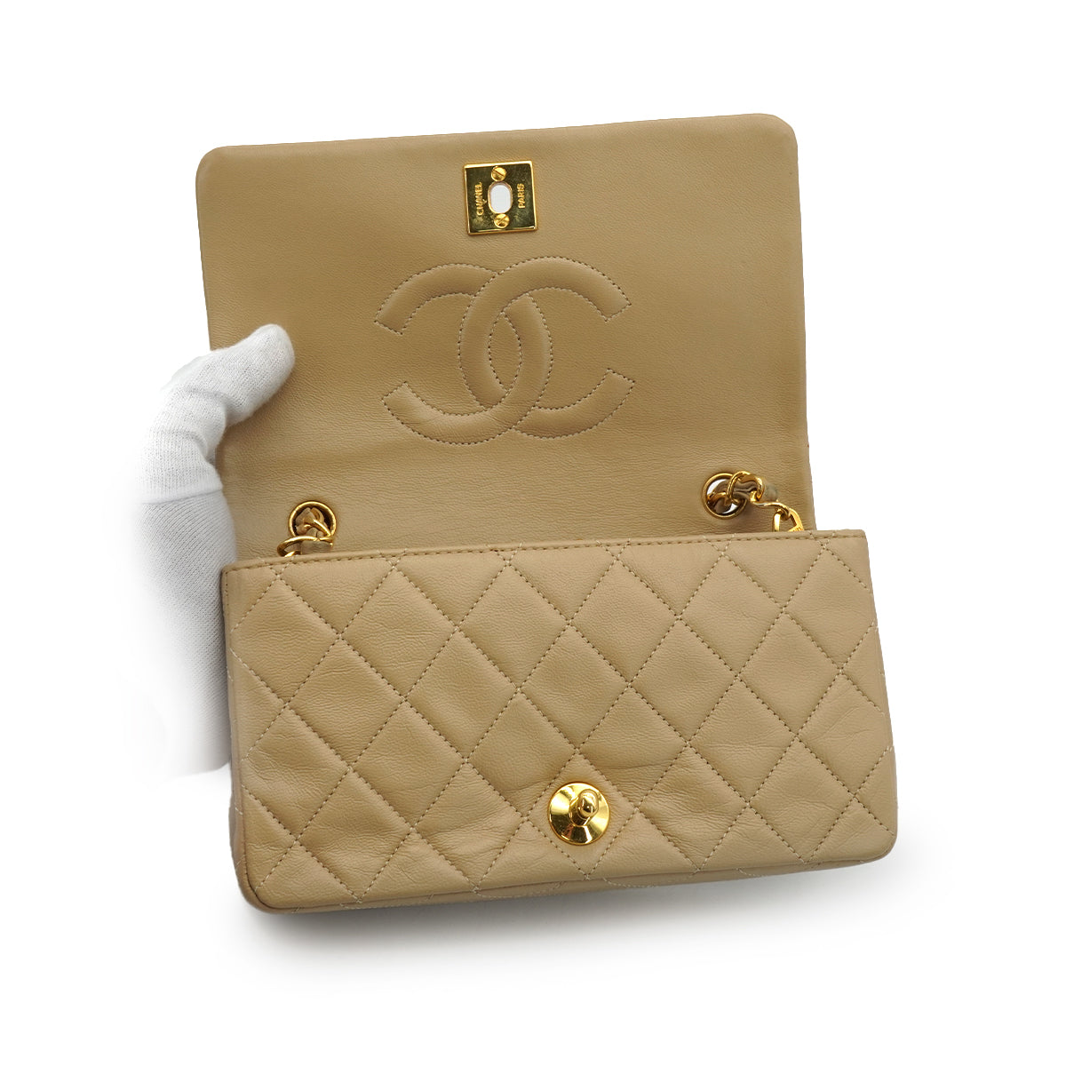 VINTAGE CHANEL MINI FULL FLAP CHAIN SHUOLDER BAG BEIGE LAMB SKIN GOLD HARDWARE 90339937