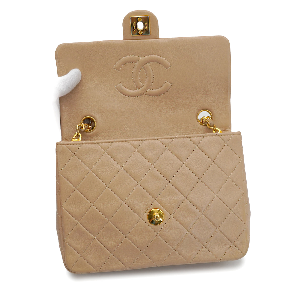 VINTAGE CHANEL MINI MATELASSE CHAIN SHOULDER BAG BEIGE LAMB SKIN GOLD HARDWARE 90326859