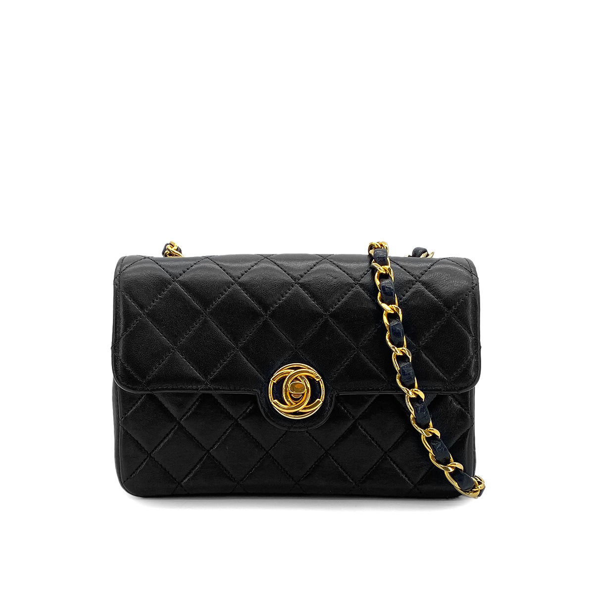 VINTAGE CHANEL MINI MATELASSE CHAIN SHOULDER BAG BLACK LAMB SKIN GOLD HARDWARE 90314373