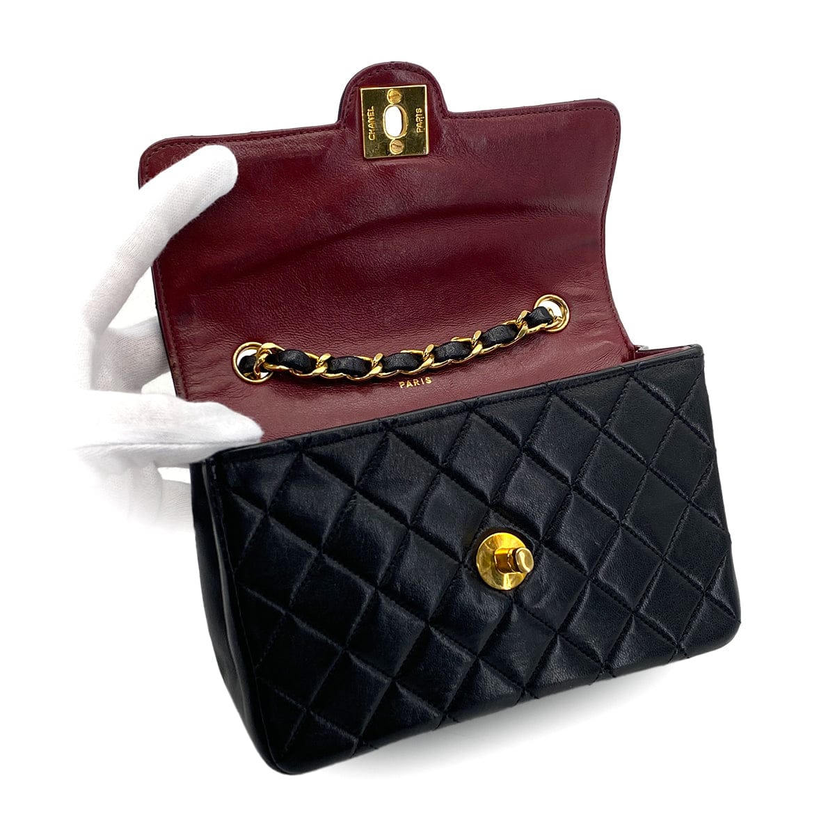 VINTAGE CHANEL MINI MATELASSE CHAIN SHOULDER BAG BLACK LAMB SKIN GOLD HARDWARE 90314373