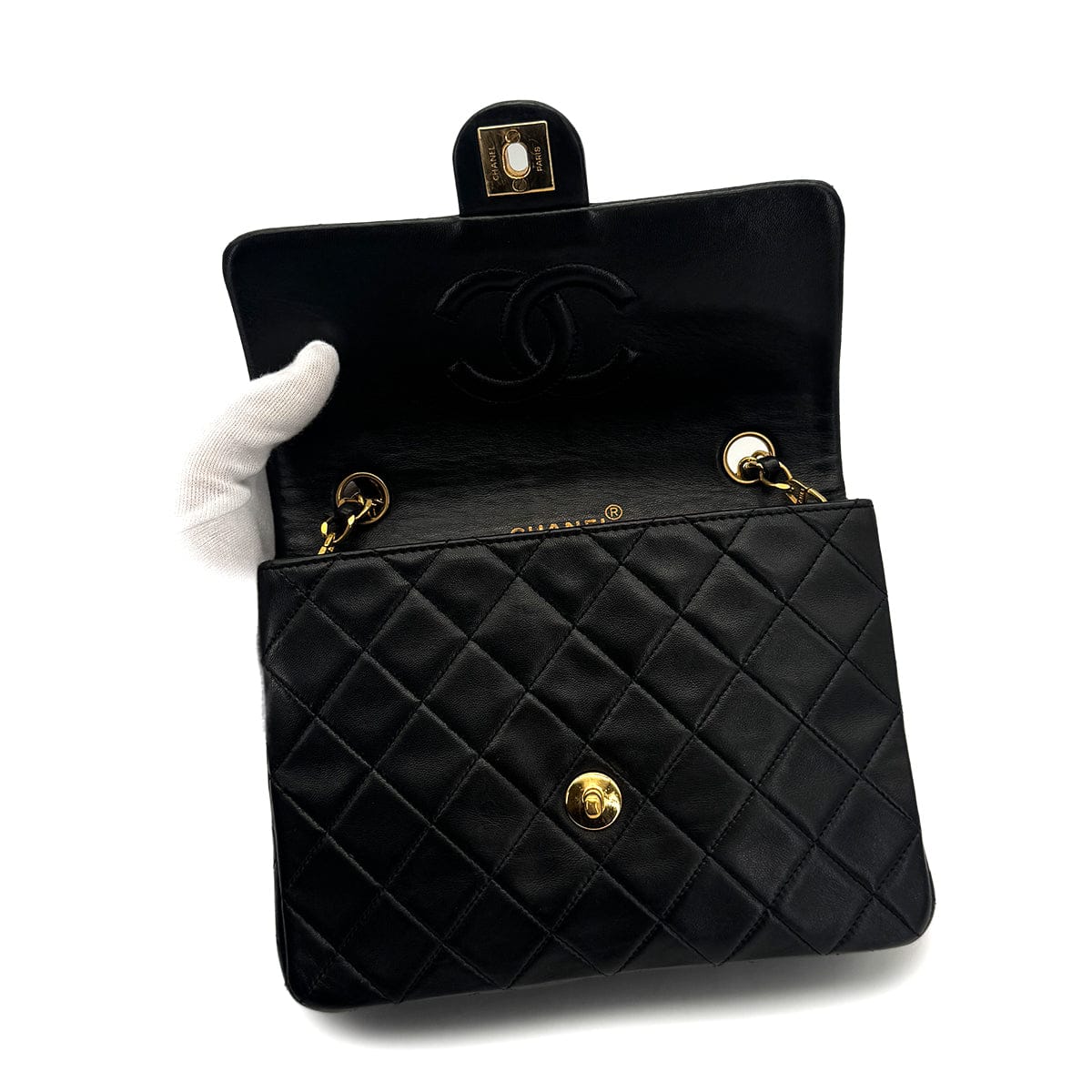 VINTAGE CHANEL MINI MATELASSE CHAIN SHOULDER BAG BLACK LAMB SKIN GOLD HARDWARE 90319924