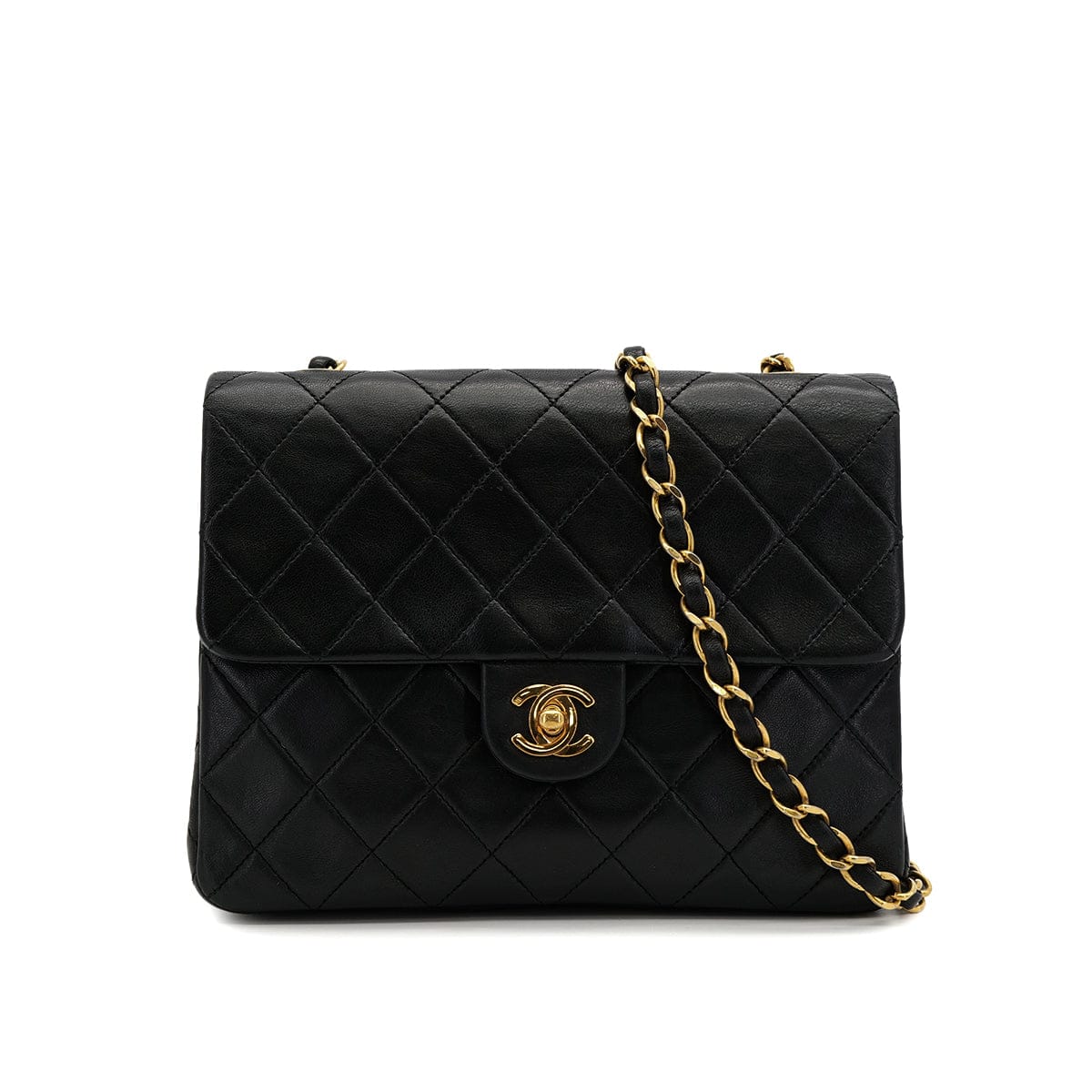 VINTAGE CHANEL MINI MATELASSE CHAIN SHOULDER BAG BLACK LAMB SKIN GOLD HARDWARE 90319924