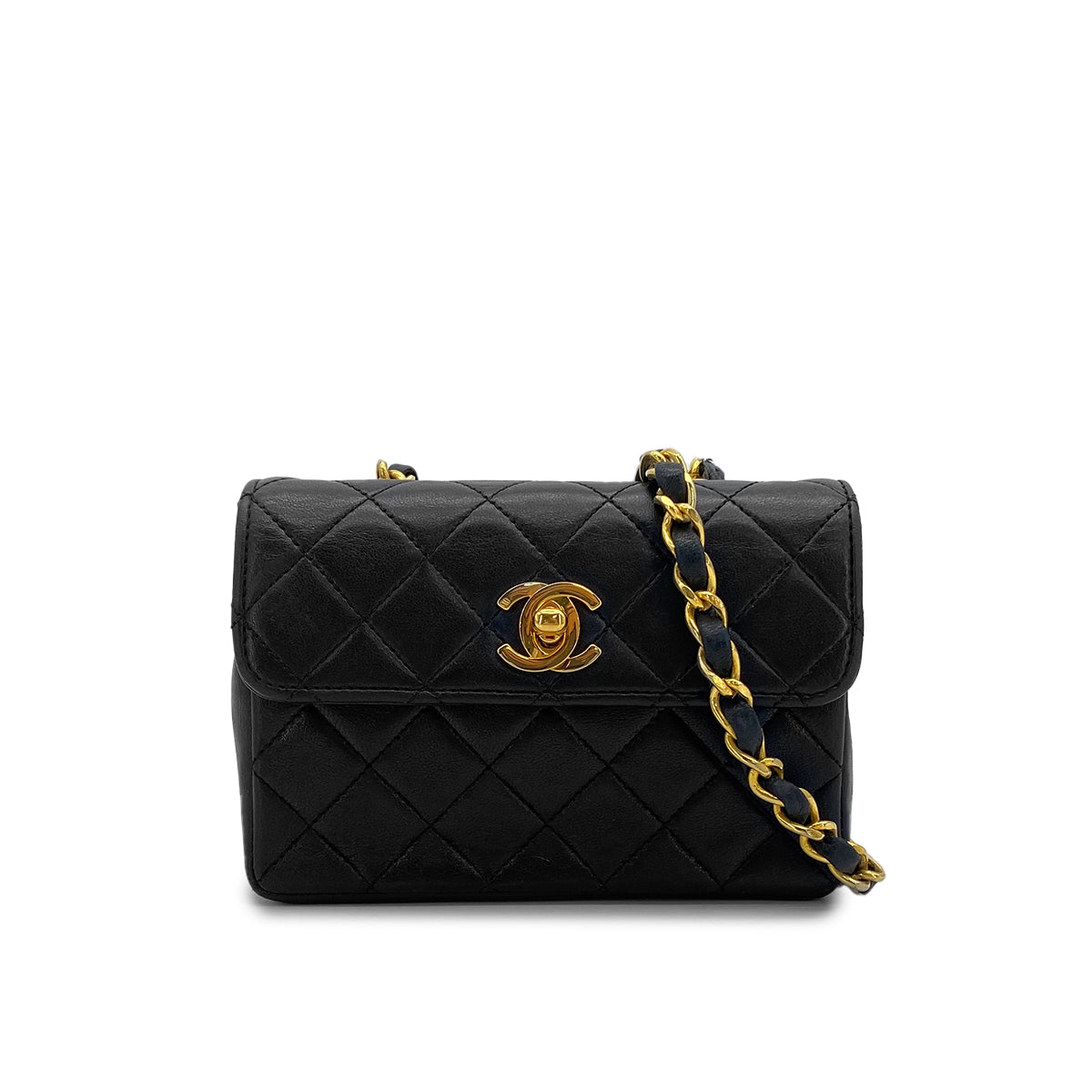 VINTAGE CHANEL MINI MATELASSE CHAIN SHOULDER BAG BLACK LAMB SKIN GOLD HARDWARE 90315020