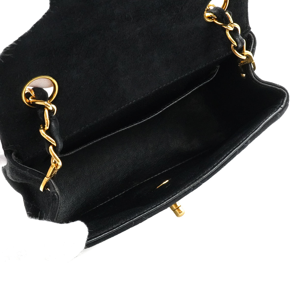 VINTAGE CHANEL MINI MATELASSE CHAIN SHOULDER BAG BLACK SUEDE GOLD HARDWARE 90340486