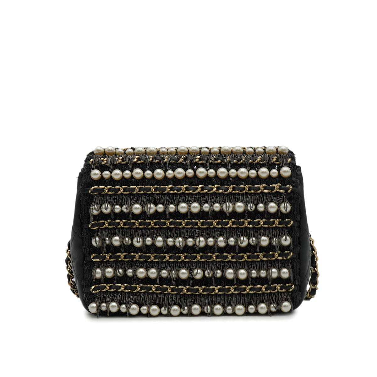 CHANEL MINI MATELASSE FAUX PEARL FRINGE SEQUINS CHAIN SHOULDER BAG BLACK LEATHER GOLD HARDWARE 90345994