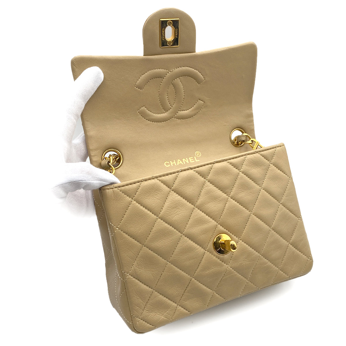 VINTAGE CHANEL MINI SQUARE 17 CHAIN SHOULDER BAG BEIGE LAMB SKIN 90314338
