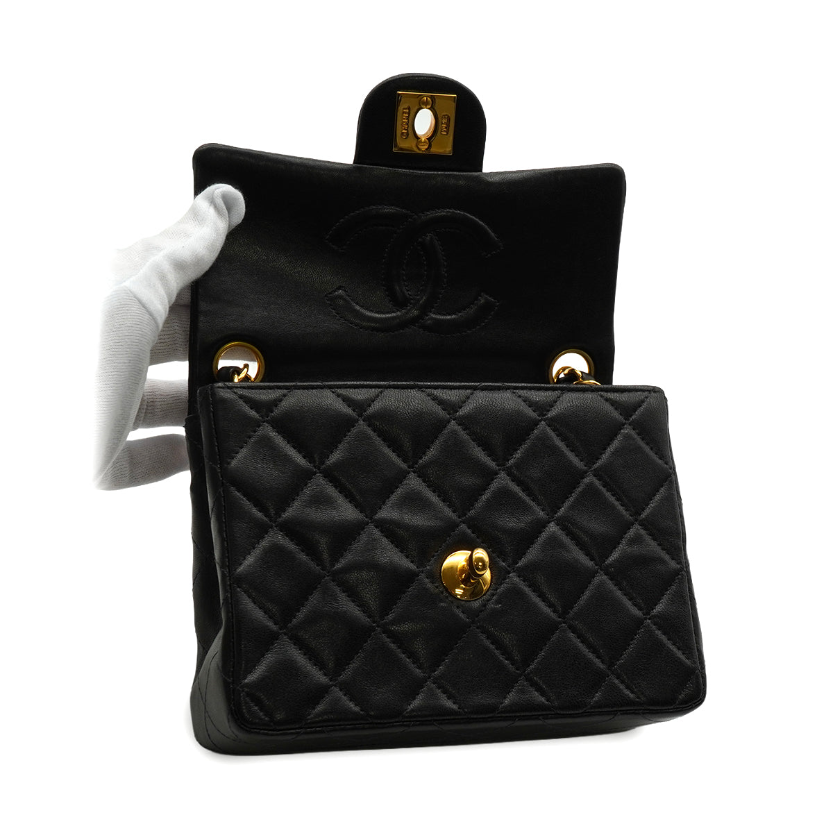 VINTAGE CHANEL MINI SQUARE 17 CHAIN SHOULDER BAG BLACK LAMB SKIN GOLD HARDWARE 90344447