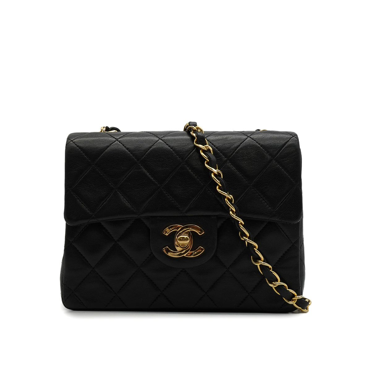VINTAGE CHANEL MINI SQUARE 17 CHAIN SHOULDER BAG BLACK LAMB SKIN GOLD HARDWARE 90346134