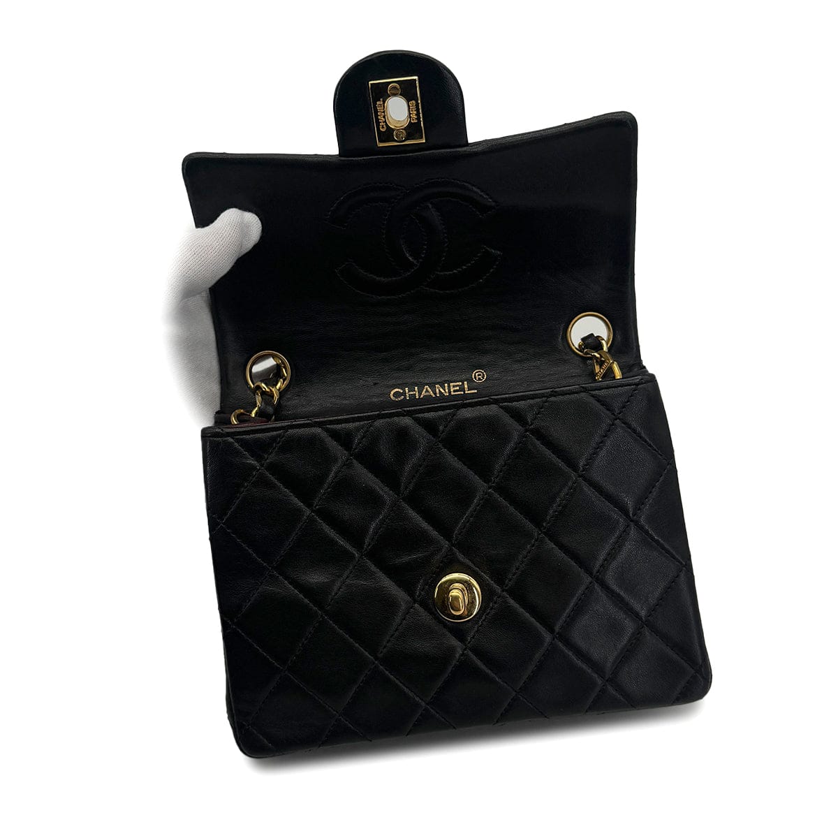 VINTAGE CHANEL MINI SQUARE 17 CHAIN SHOULDER BAG BLACK LAMB SKIN GOLD HARDWARE 90319942