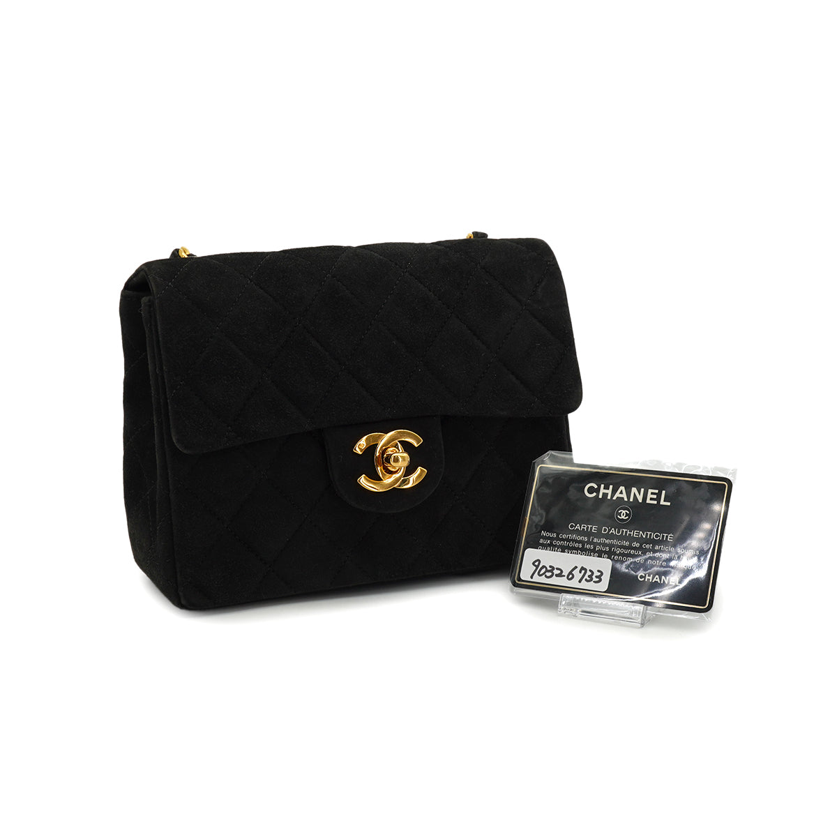 VINTAGE CHANEL MINI SQUARE 17 CHAIN SHOULDER BAG BLACK SUEDE GOLD HARDWARE 90326733