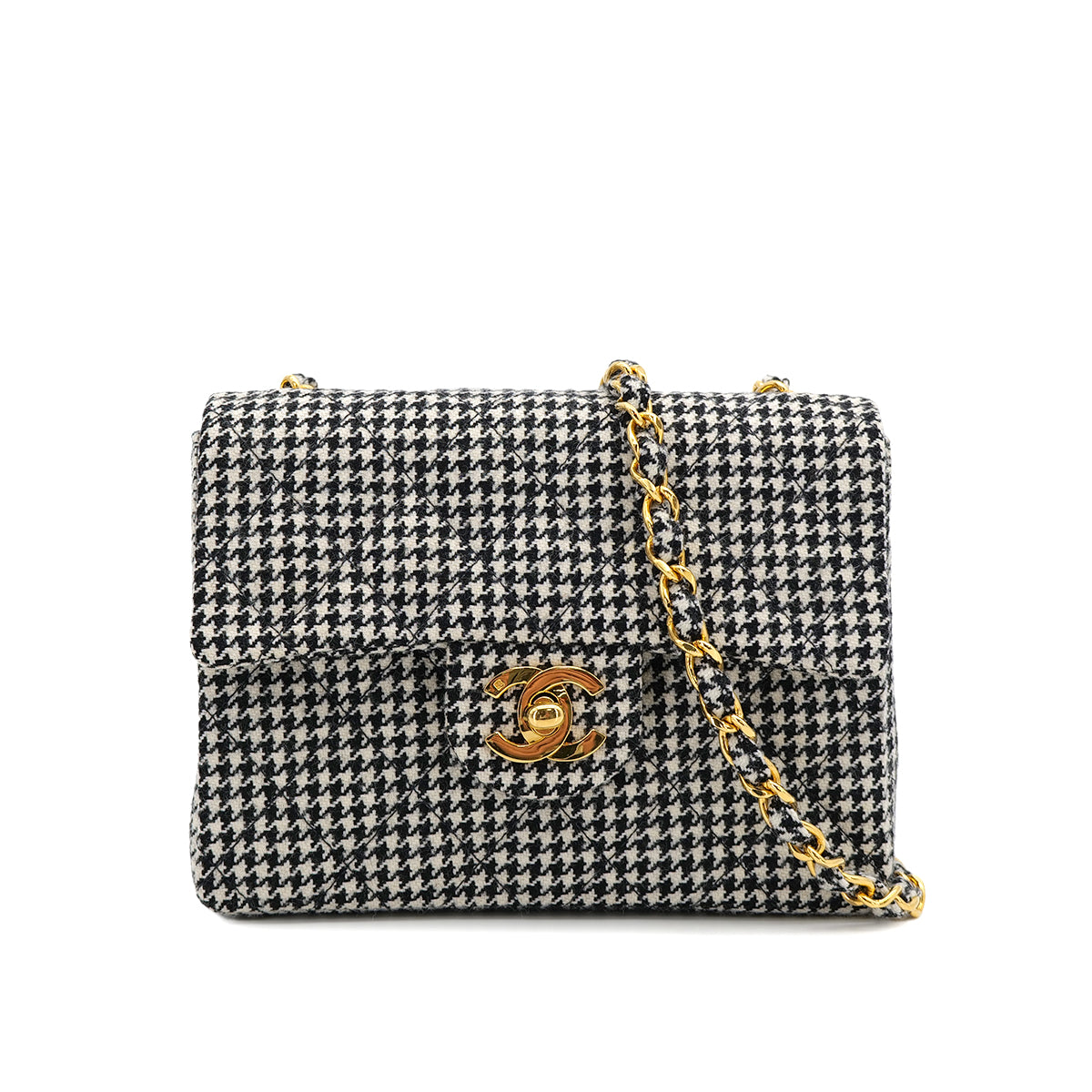VINTAGE CHANEL MINI SQUARE 17 CHAIN SHOULDER BAG BLACK WHITE PLAID PATTERN CANVAS 90319993