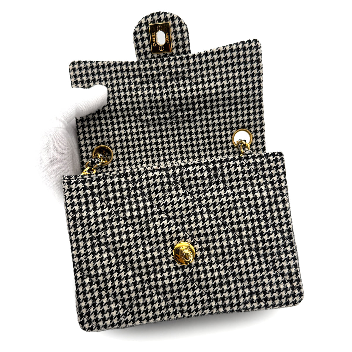 VINTAGE CHANEL MINI SQUARE 17 CHAIN SHOULDER BAG BLACK WHITE PLAID PATTERN CANVAS 90319993