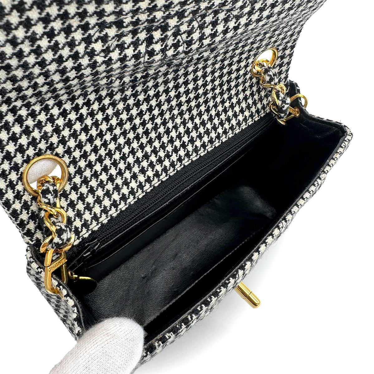 VINTAGE CHANEL MINI SQUARE 17 CHAIN SHOULDER BAG BLACK WHITE PLAID PATTERN CANVAS 90319993
