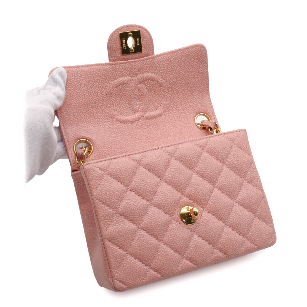 VINTAGE CHANEL MINI SQUARE 17 CHAIN SHOULDER BAG PINK CAVIR SKIN GOLD HARDWARE 90346104