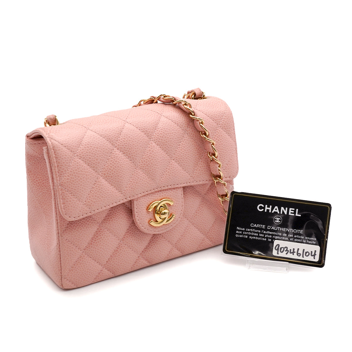 VINTAGE CHANEL MINI SQUARE 17 CHAIN SHOULDER BAG PINK CAVIR SKIN GOLD HARDWARE 90346104