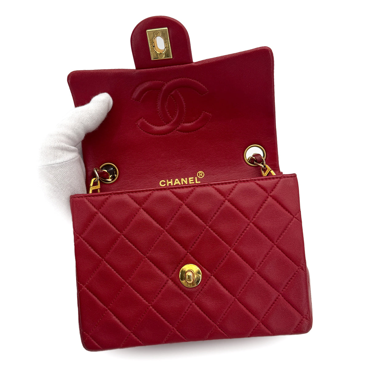 VINTAGE CHANEL MINI SQUARE 17 CHAIN SHOULDER BAG RED LAMB SKIN GOLD HARDWARE 90317890