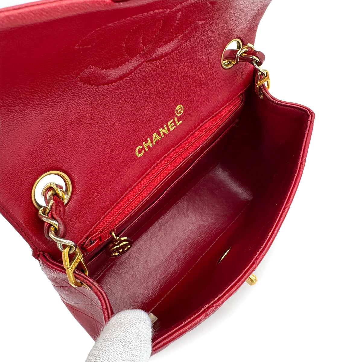 VINTAGE CHANEL MINI SQUARE 17 CHAIN SHOULDER BAG RED LAMB SKIN GOLD HARDWARE 90317890