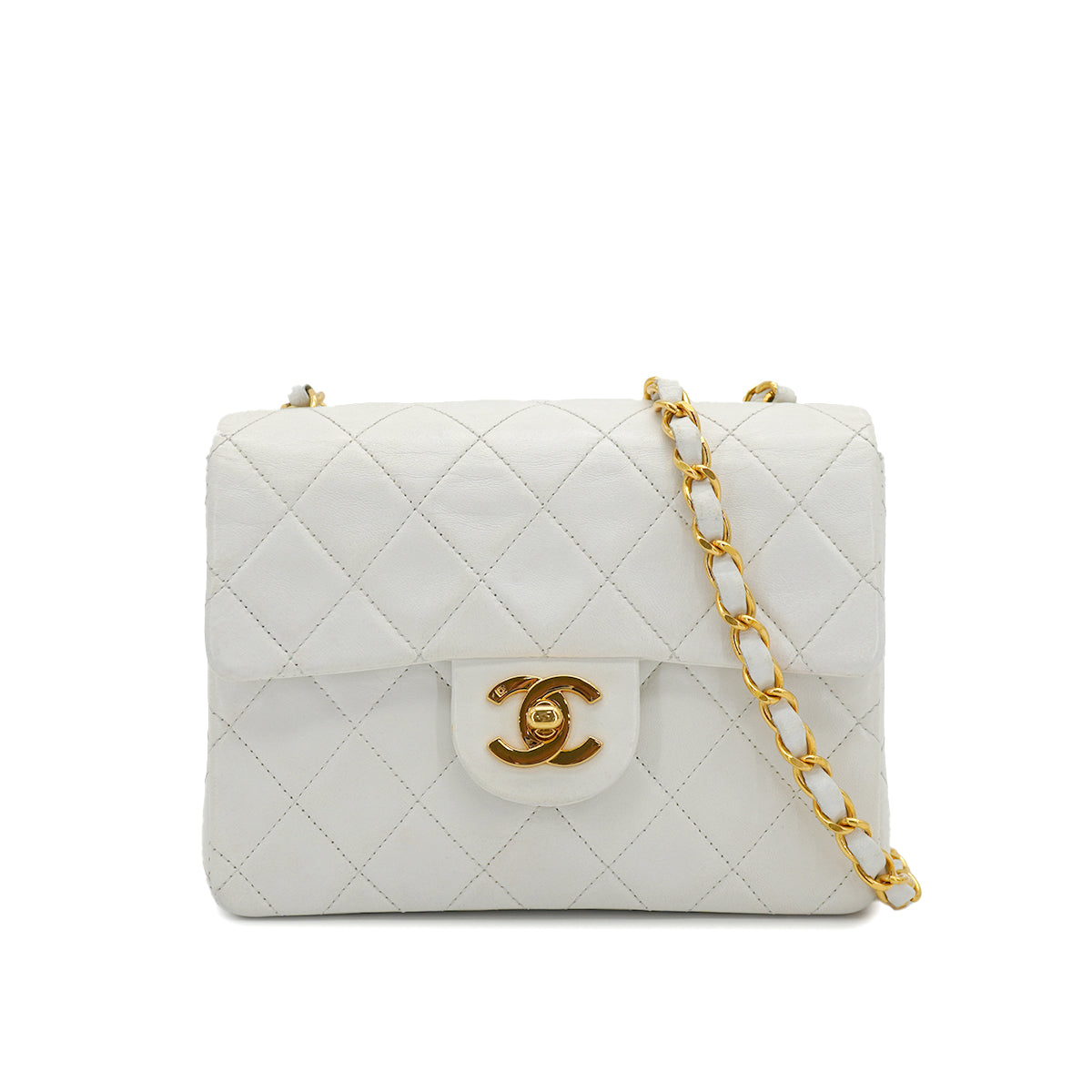 VINTAGE CHANEL MINI SQUARE 17 CHAIN SHOULDER BAG WHITE LAMB SKIN GOLD HARDWARE 90332572