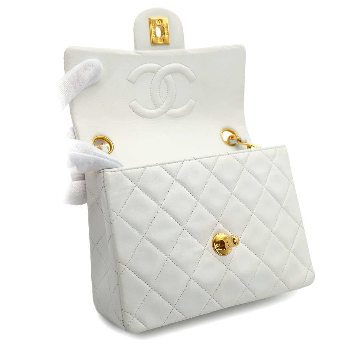 VINTAGE CHANEL MINI SQUARE 17 CHAIN SHOULDER BAG WHITE LAMB SKIN GOLD HARDWARE 90332572