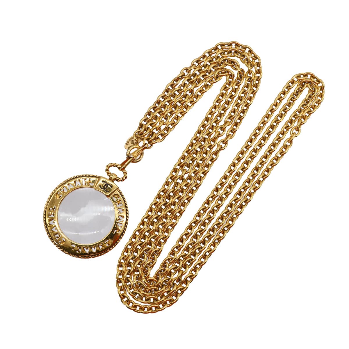 VINTAGE CHANEL NECKLACE MAGNIFYING GLASS COCOMARK LOGO GOLD ACCESSORY 90321103