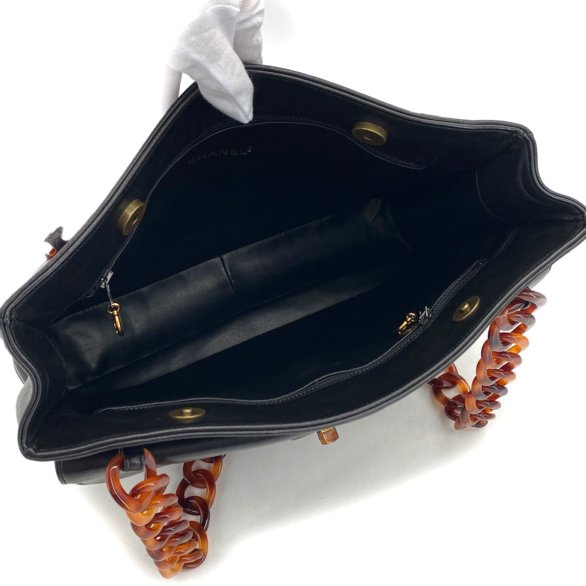 VINTAGE CHANEL PLASTIC CHAIN SHOULDER BAG TORTOISESHELL BLACK LAMB SKIN 90328120