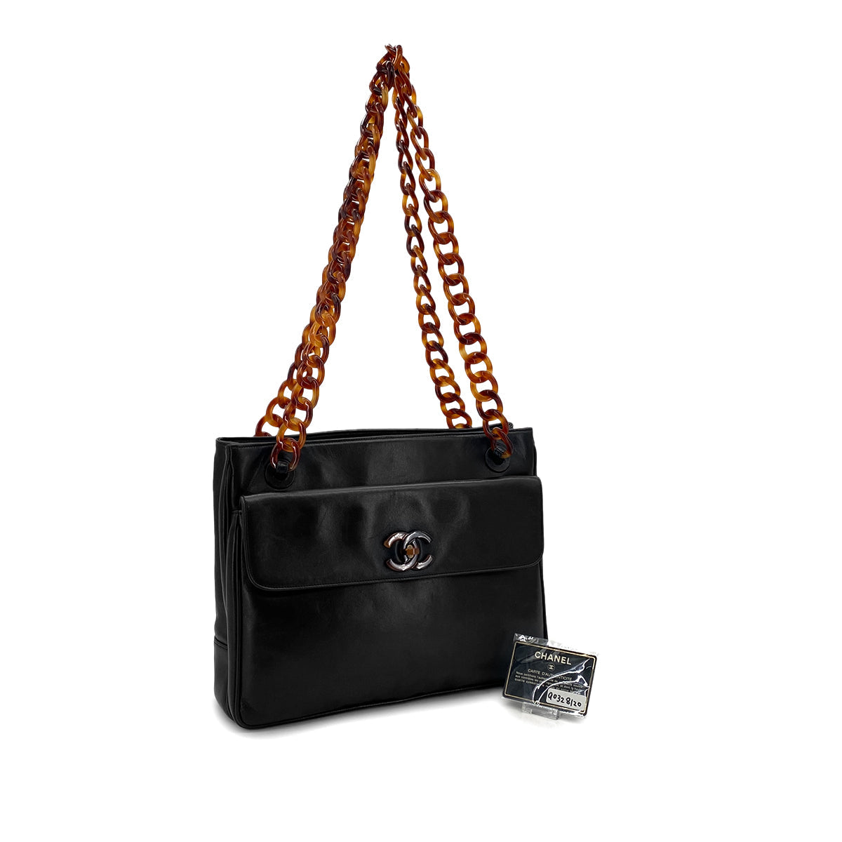 VINTAGE CHANEL PLASTIC CHAIN SHOULDER BAG TORTOISESHELL BLACK LAMB SKIN 90328120