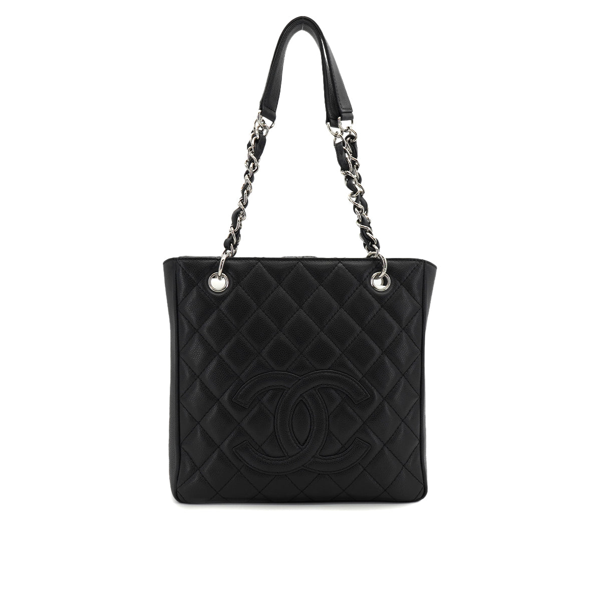 VINTAGE CHANEL PST CHAIN TOTE BAG BLACK CAVIAR SKIN SILVER HARDWARE 90327085
