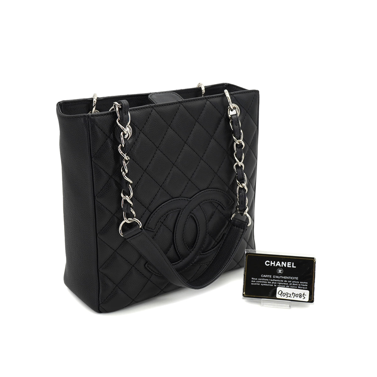 VINTAGE CHANEL PST CHAIN TOTE BAG BLACK CAVIAR SKIN SILVER HARDWARE 90327085