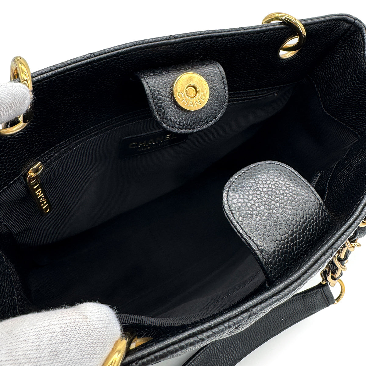 VINTAGE CHANEL PST CHAIN TOTE BAG BLACK CAVIAR SKIN GOLD HARDWARE 90317909