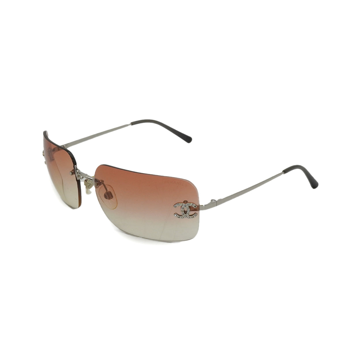 VINTAGE CHANEL RIMLESS SUNGLASSES COCOMARK RHINESTONE BROWN SILVER EYEWEAR 90339151