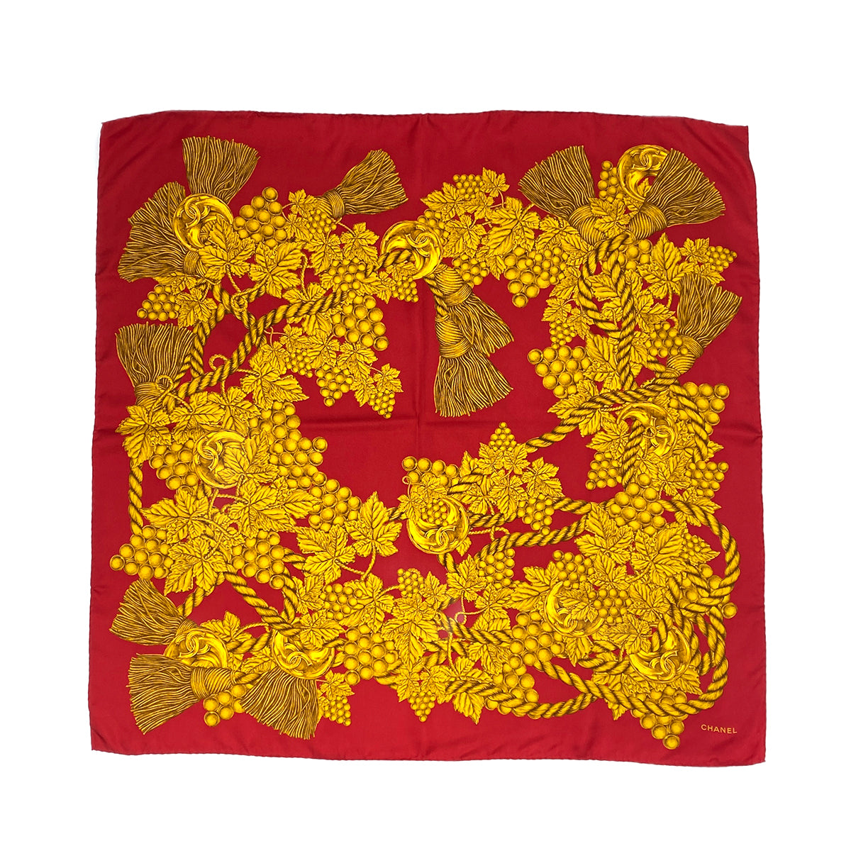 VINTAGE CHANEL COCOMARK ROPE PATTERN SCARF RED GOLD SILK 90323125