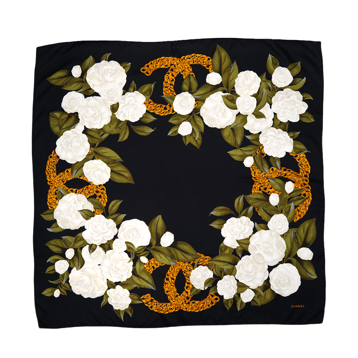 VINTAGE CHANEL SCARF CAMELLIA CHAIN MOTIF BLACK WHITE SILK 90319720