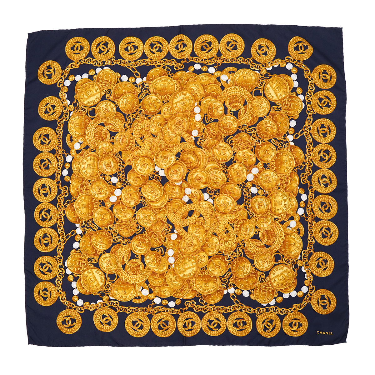VINTAGE CHANEL SCARF CHAIN COCOBUTTON PATTERN NAVY GOLD SILK 90321184