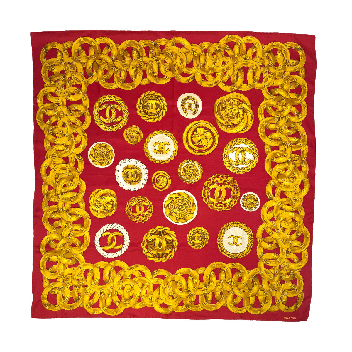 VINTAGE CHANEL SCARF COCOMARK CHAIN PATTERN RED GOLD SILK 90318646
