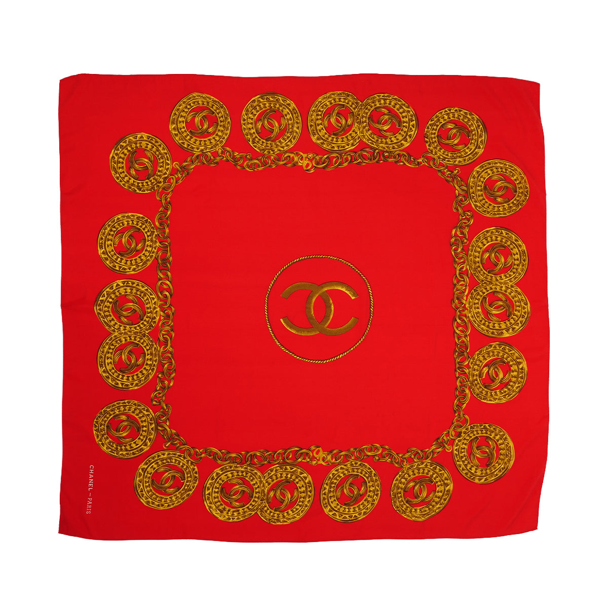 VINTAGE CHANEL SCARF COCOMARK CHAIN PATTERN RED GOLD SILK 90319723