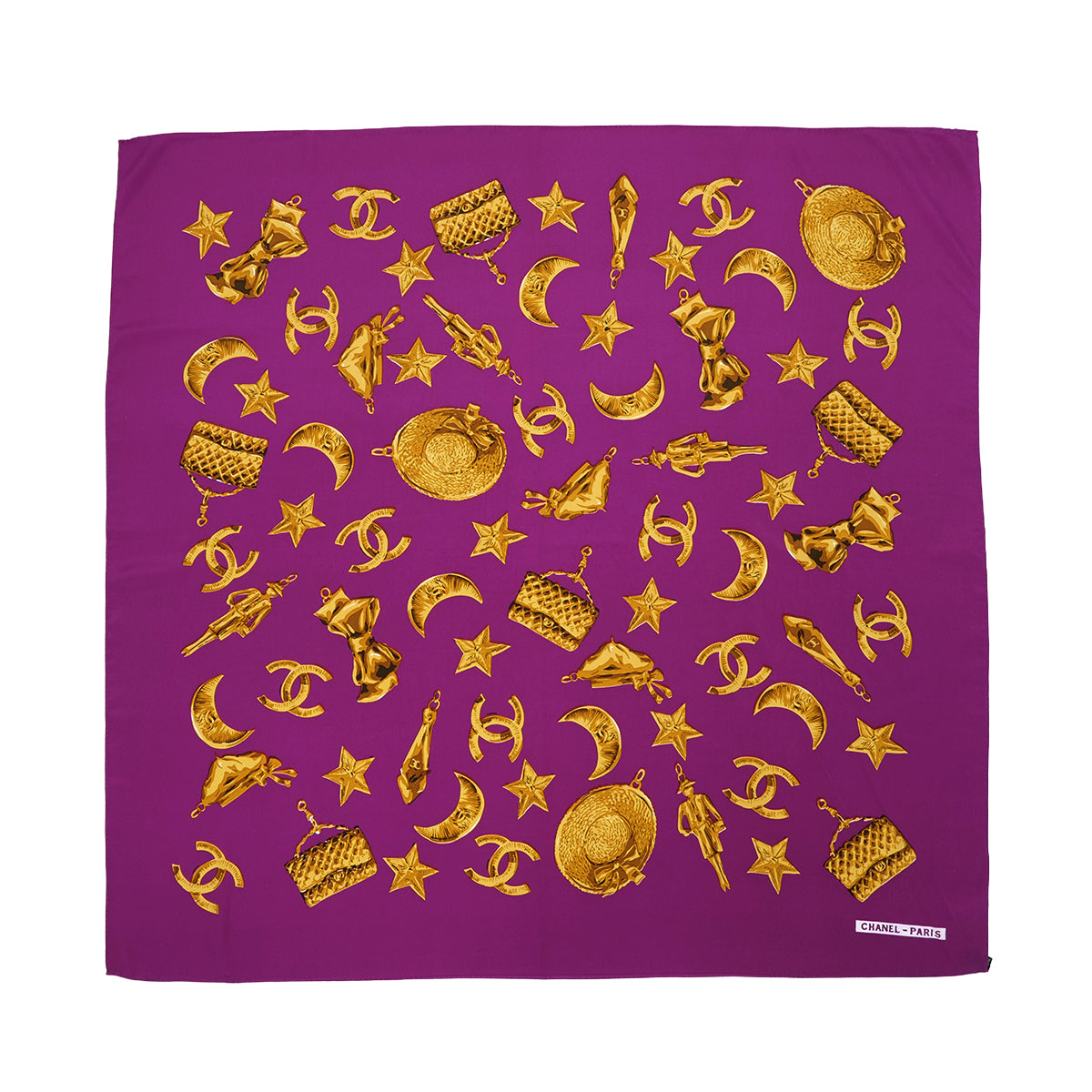 VINTAGE CHANEL SCARF COCOMARK ICON MOTIF PURPLE GOLD SILK 90319717