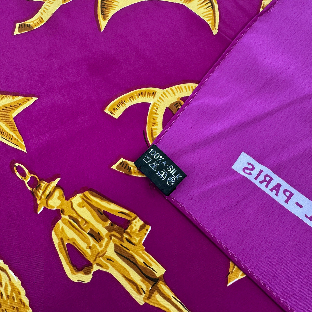 VINTAGE CHANEL SCARF COCOMARK ICON MOTIF PURPLE GOLD SILK 90319717