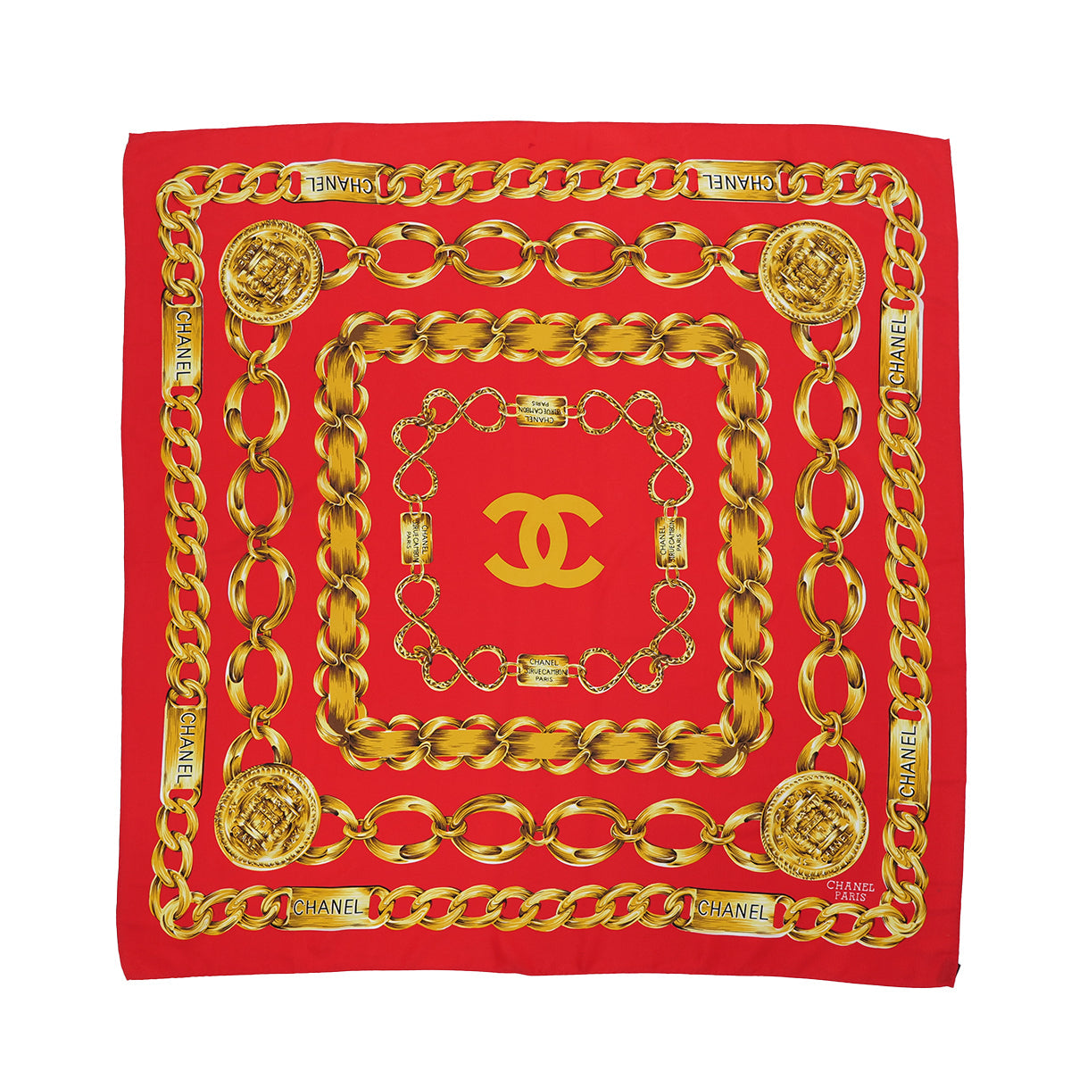 VINTAGE CHANEL SCARF COCOMARK LOGO CHAIN PATTERN RED GOLD SILK 90319711