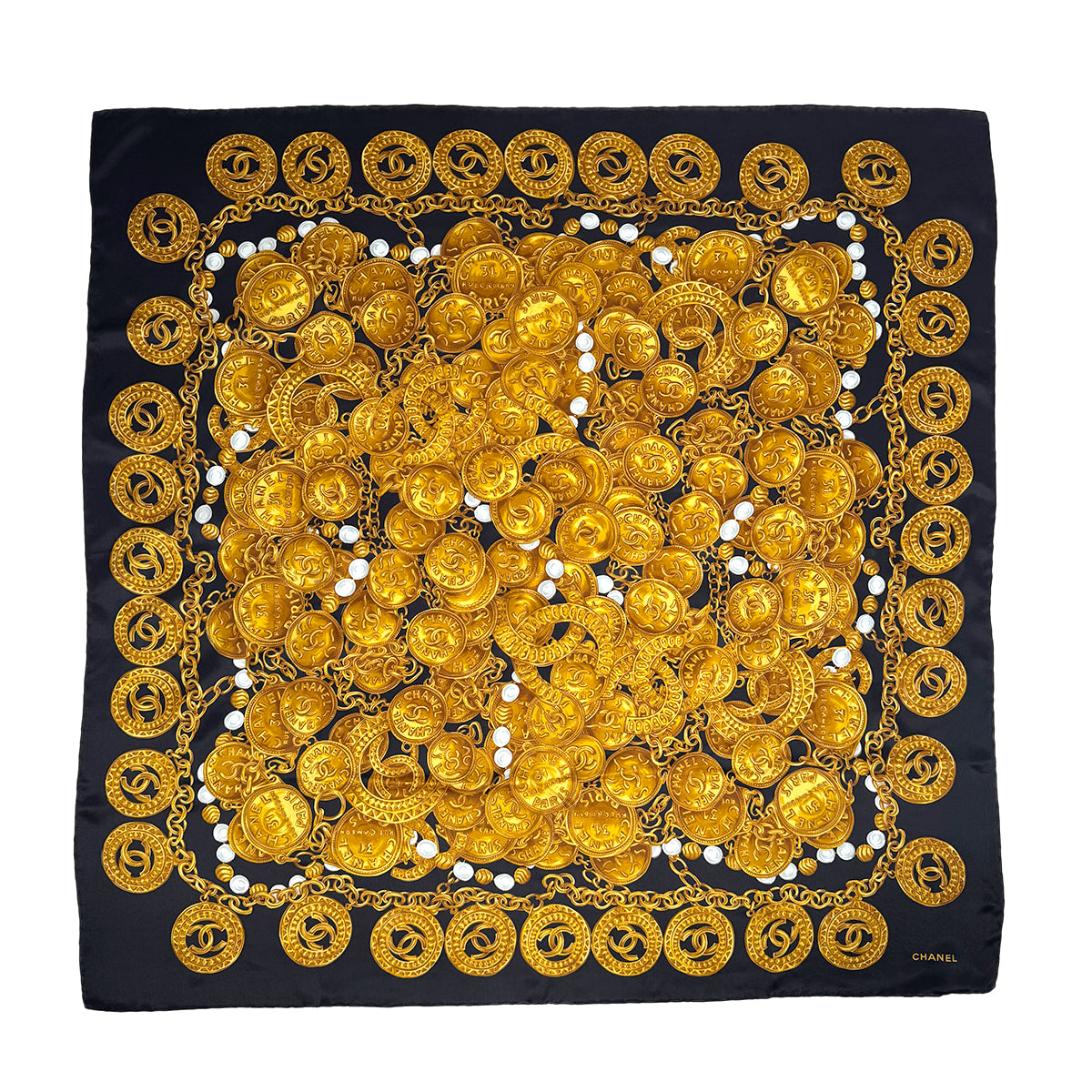 VINTAGE CHANEL SCARF LOGO CHAIN PATTERN BLACK GOLD SILK 90318647