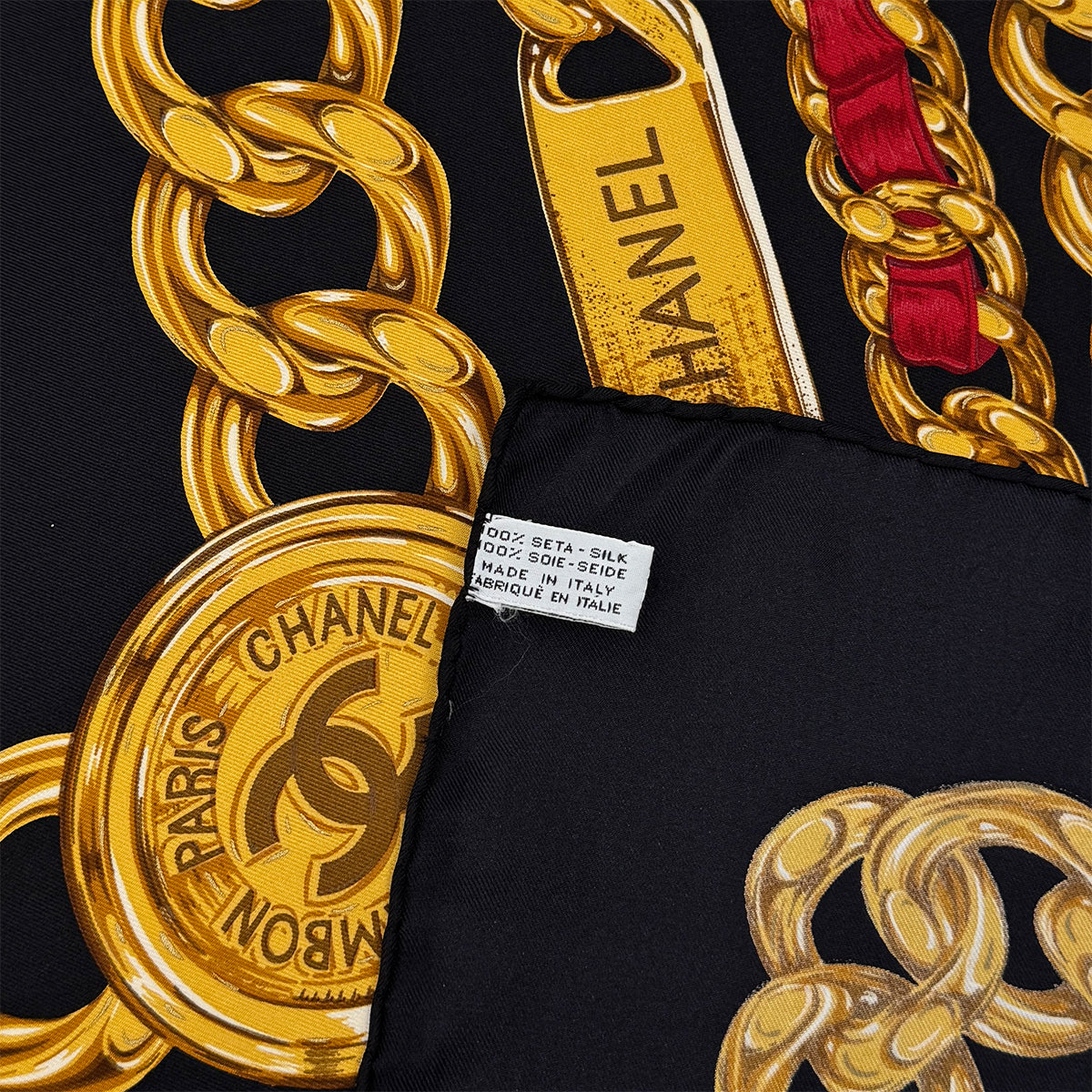VINTAGE CHANEL SCARF LOGO CHAIN PATTERN BLACK GOLD SILK 90319716
