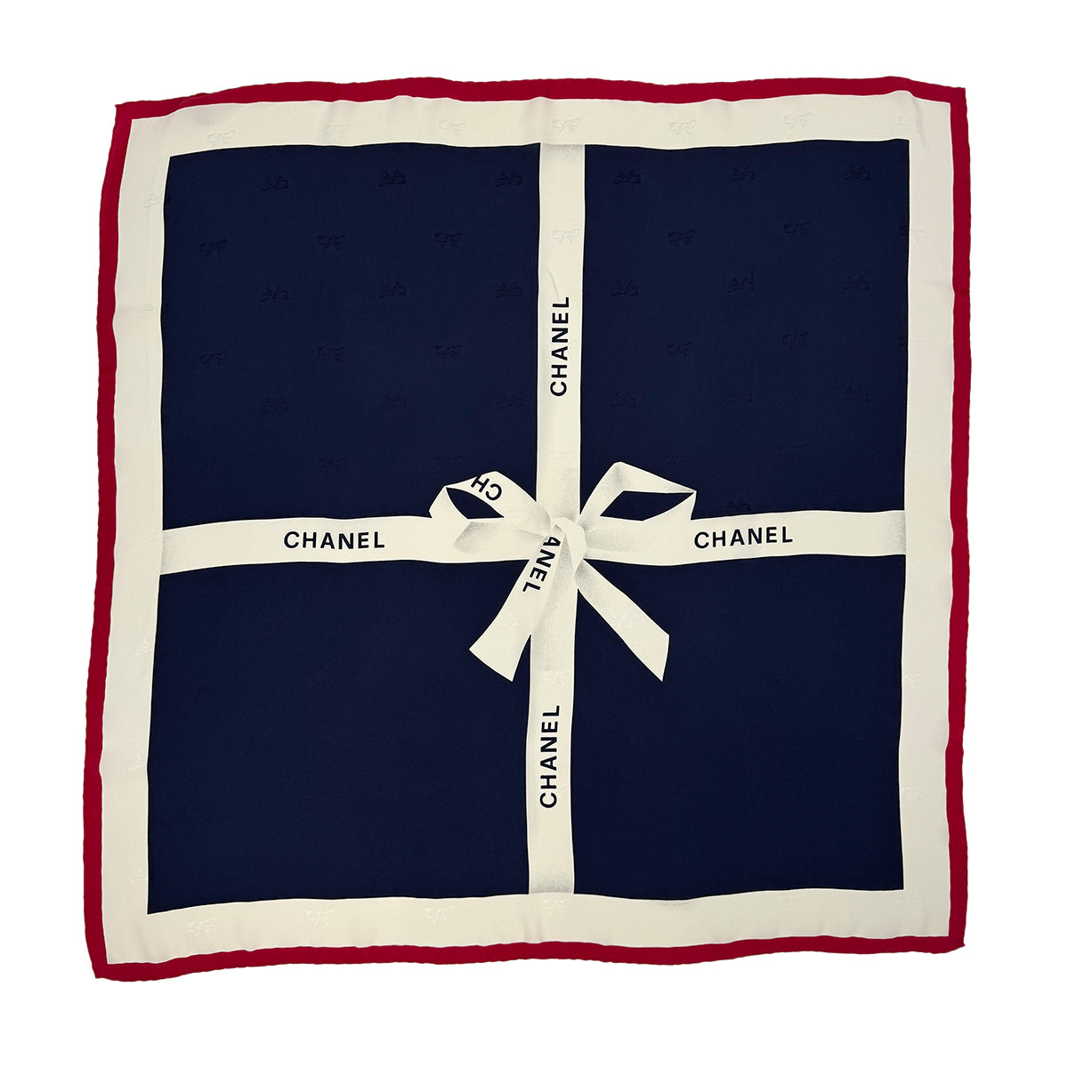 VINTAGE CHANEL SCARF LOGO RIBBON MOTIF NAVY WHITE RED SILK 90320191