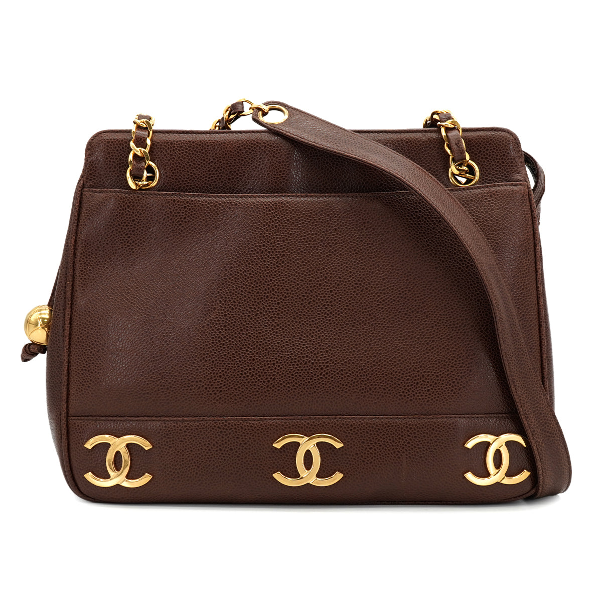 VINTAGE CHANEL TRIPLE COCO CHAIN SHOULDER BAG BROWN CAVIAR SKIN GOLD HARDWARE 90333760