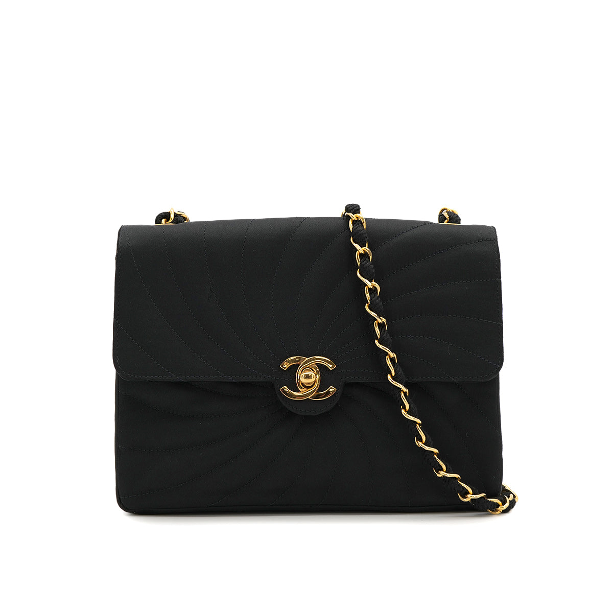 VINTAGE CHANEL TURN LOCK CHAIN SHOULDER BAG BLACK SATIN GOLD HARDWARE 90323203