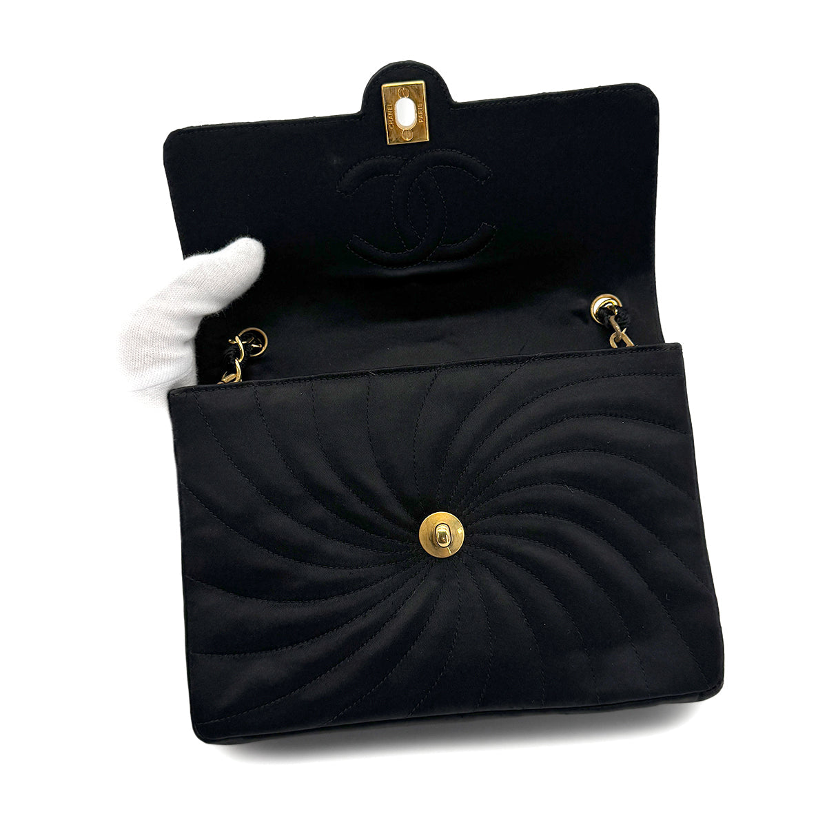 VINTAGE CHANEL TURN LOCK CHAIN SHOULDER BAG BLACK SATIN GOLD HARDWARE 90323203