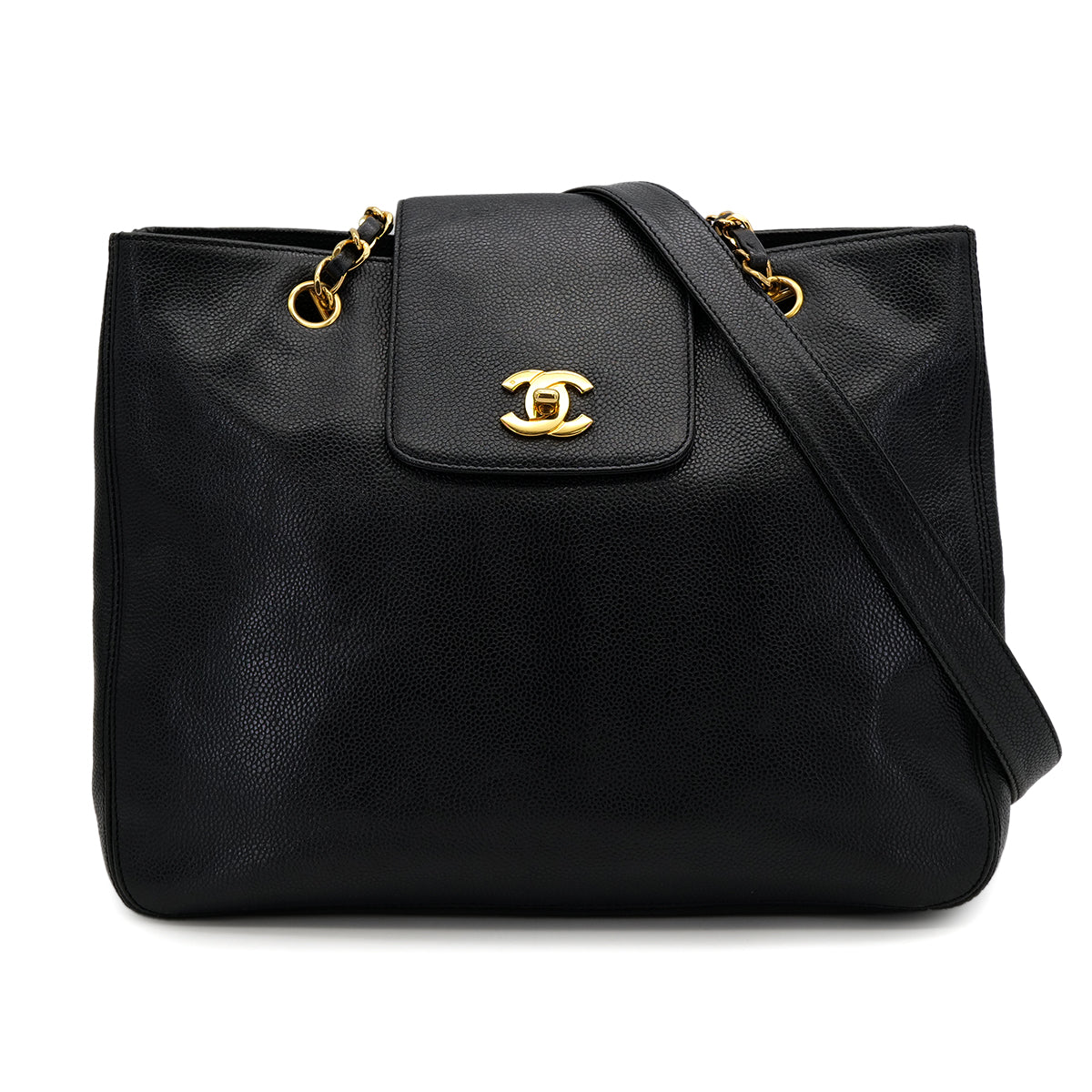 VINTAGE CHANEL TURN LOCK CHAIN TOTE BAG BLACK CAVIAR SKIN GOLD HARDWARE 90319685
