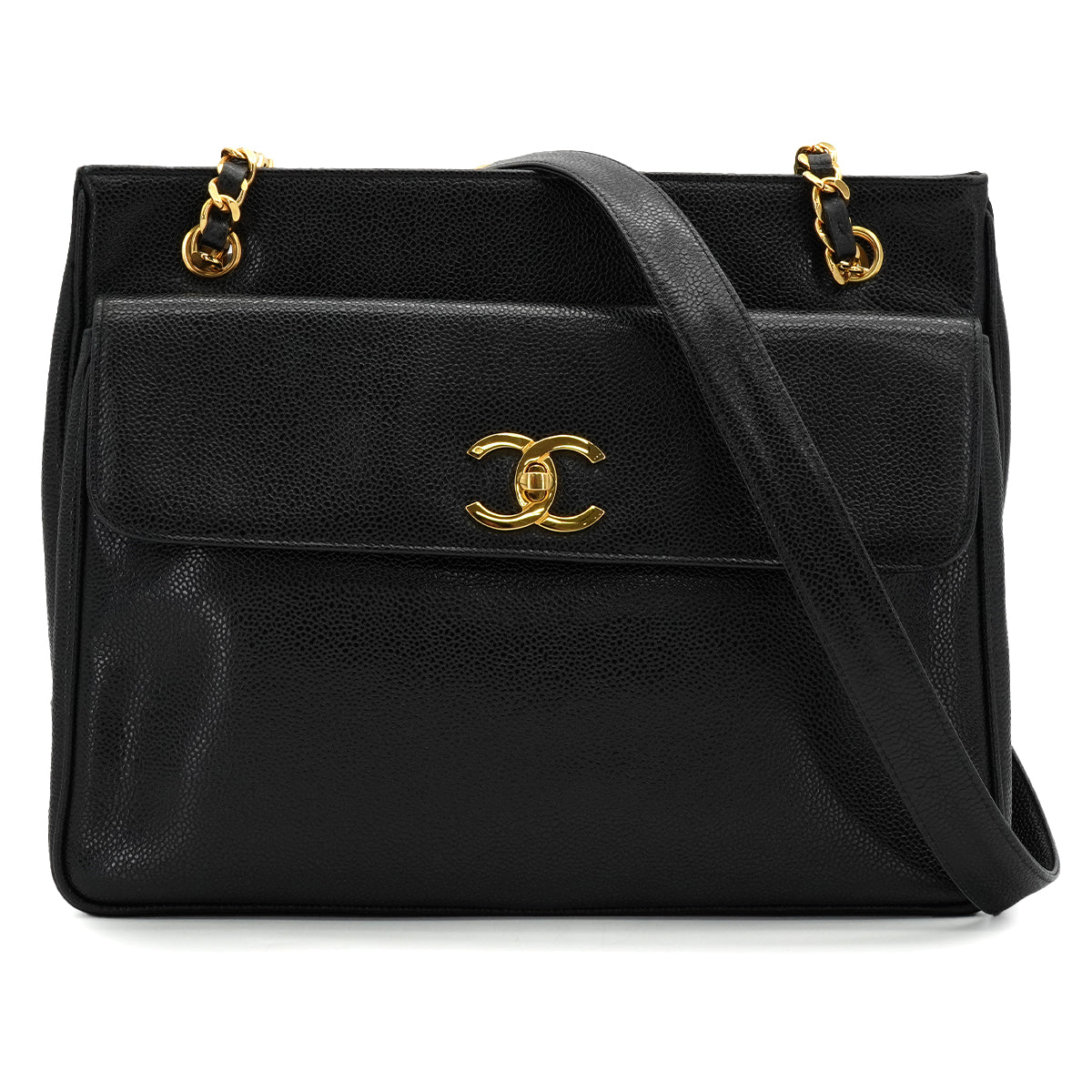 VINTAGE CHANEL TURN LOCK CHAIN TOTE BAG BLACK CAVIAR SKIN GOLD HARDWARE 90340135